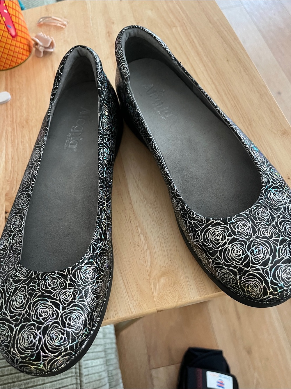 Alegria Black Ballet Flats with White Rose Print